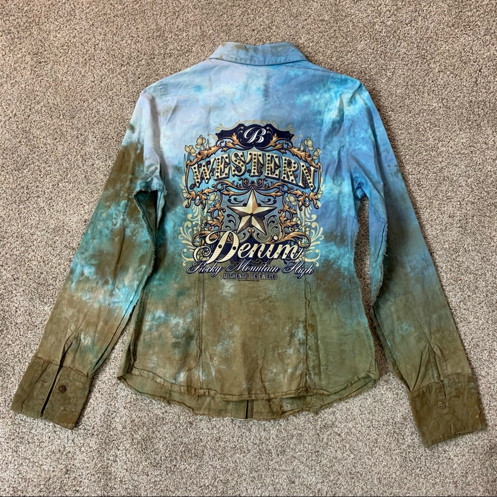 BEJEWELED by Susan Fixel BLUE & BROWN Tie Dye WESTERN Rodeo RHINESTONE Shirt  S